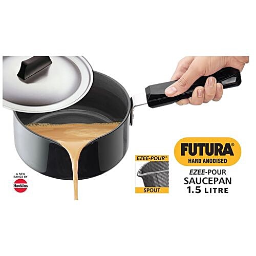 Hawkins Futura Hard Anodised Aluminium Saucepan - Ezee-Pour, 16 cm, 3.25 mm, With Steel Lid, With Handle, AS15S, 1.5 l  Non Toxic, Non-Staining