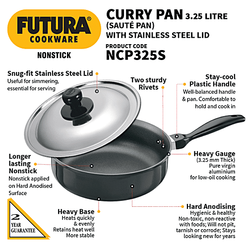 Hawkins Futura Hard Anodised Non-Stick Curry/Saute Pan - 24 cm, 3.25 mm, Stainless Steel Lid, NCP325S, 3.25 l  