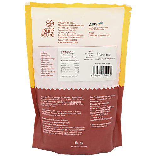 Phalada Pure & Sure Organic - Masoor Daal, 500 g Pouch 