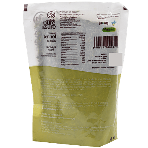Phalada Pure & Sure Organic -  Fennel Seeds, 100 g Pouch 