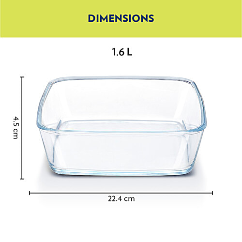 Borosil Square Glass Baking Microwave Safe & Oven Safe Dish - Borosilicate Glass, Transparent, 1.6 L  Microwave Safe