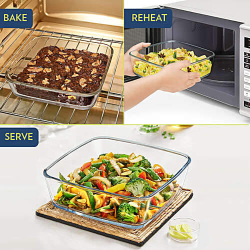 Borosil Square Glass Baking Microwave Safe & Oven Safe Dish - Borosilicate Glass, Transparent, 1.6 L  Microwave Safe
