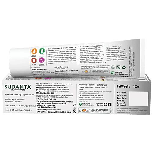 Sri Sri Tattva Sudanta Gel Toothpaste, 100 g  Fluoride-Free Toothpaste with Cloves Charcoal Bakul & More