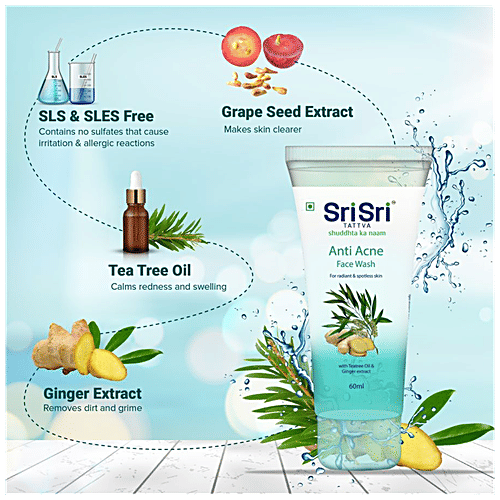 Sri Sri Tattva Anti Acne Face Wash, 60ml - Excess Oil Control for Acne Prone Skin - Controls Blackheads Whiteheads & Lighten Blemishes - Purifying Face Cleanser for Women & Men, 60 ml  