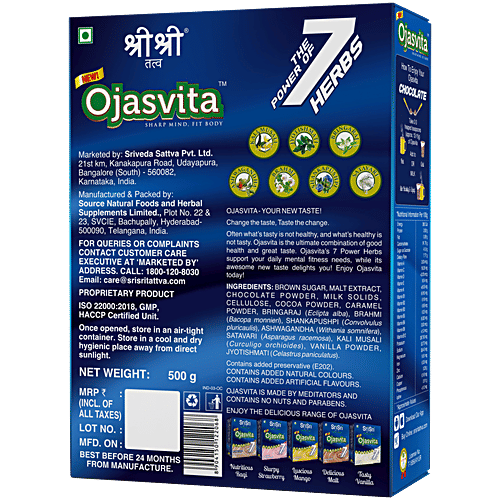 Sri Sri Tattva Ojasvita Chocolate Powder, 500 g - Drink Mix For Sharp Mind &  Body, 500 g Carton Power of the 7 Herbs