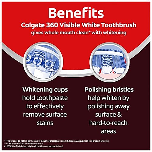 Colgate 360 Degree Visible White Medium Bristle Toothbrush, 1 pc Whitening Cups & Polishing Bristles