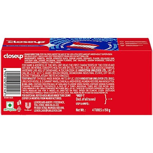 Closeup Toothpaste, 150 g (Pack of 4) Zinc Fresh Technology, Long lasting 18 Hours Of Fresh Breath & White Teeth