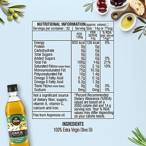 Disano Extra Virgin Olive Oil, 500 ml Bottle Zero Trans Fat, Zero Cholesterol