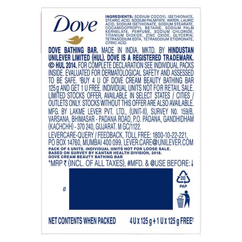 Dove Cream Beauty Bathing Bar, Has 1/4th Moisturizing Cream, 125 g (Buy 4 Get 1 Free) 