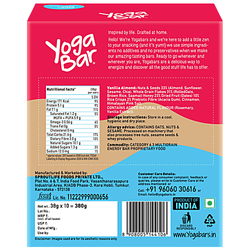 Yoga Bar Multigrain Energy Bar - Vanilla Almond, Healthy Snack, High In Protein & Fibre, 38 g (Pack of 10) High Fibre, High Protein