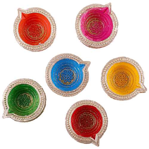 Inspiredkraft Hand Painted Clay Diya set, 6 pcs  