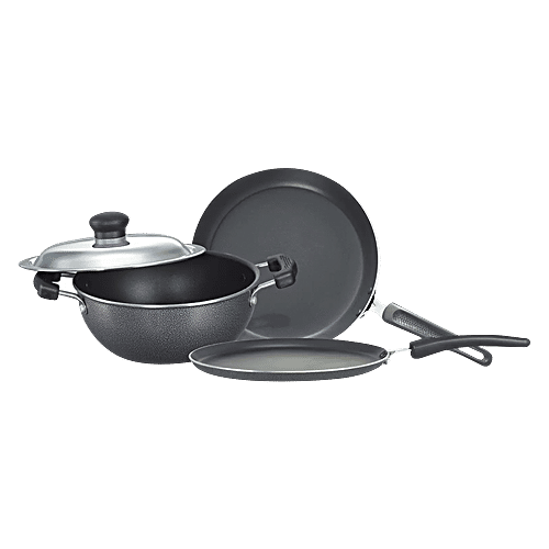 Prestige Omega Select Plus Non-Stick Cookware Set - Black, Fry Pan 25 cm + Omni Tawa 27.5 cm +Flat Base Kadai with SS Lid 25 cm, Aluminium, 3 pcs  3 Layer Metal Spoon Coating