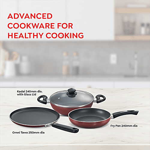 Prestige Omega Deluxe Non-Stick BYK Cookware Set, Maroon (30747/307472), 3 pcs (Tawa+Kadai+Fry Pan) 