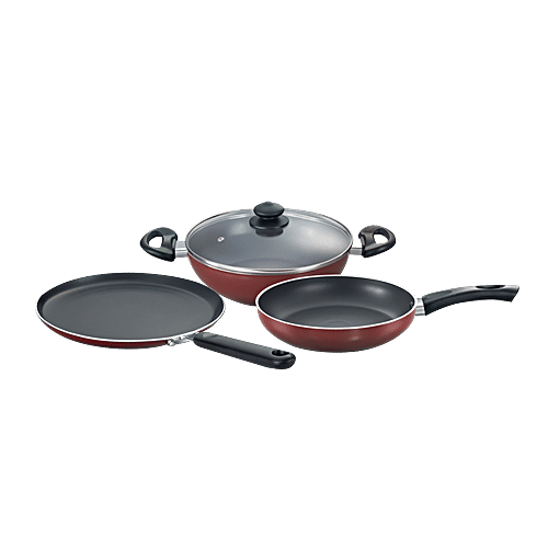 Prestige Omega Deluxe Non-Stick BYK Cookware Set, Maroon (30747/307472), 3 pcs (Tawa+Kadai+Fry Pan) 