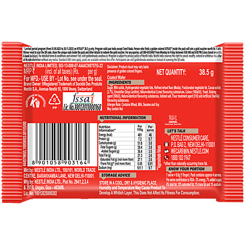 Nestle KitKat 4 Fingers Choco Coated Wafer Bar, 38.5 g  