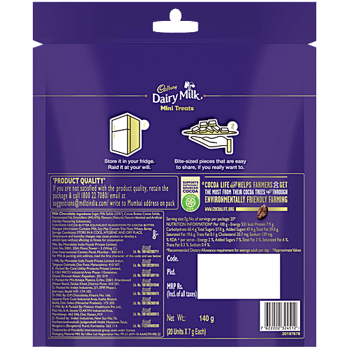 Cadbury Dairy Milk Mini Treats Chocolate Bars, 140 g (20x7 g) Sustainably Sourced Cocoa, Perfect for Gifting on Special Occasions