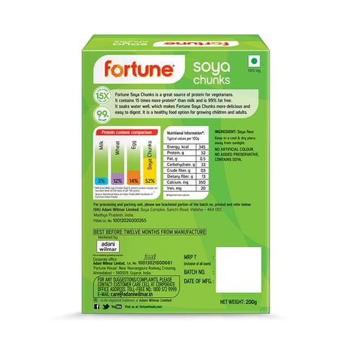 Fortune  Soya Chunks - 15x More Protein Than Milk, 200 g Carton 99% Fat Free, 15x More Protein than Milk