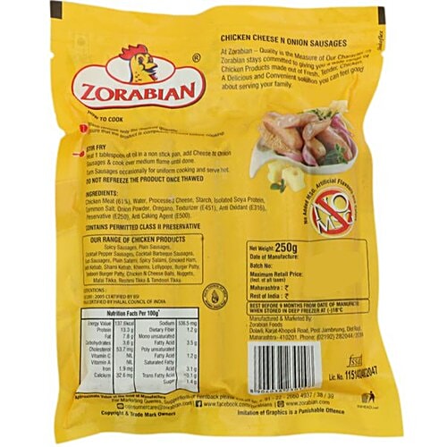 Buy Zorabian Chicken Cheese N Onion Sausages 250 Gm Pouch Online At