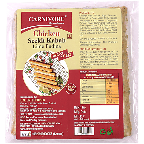 Carnivore  Chicken Seekh Kabab - Lime N Pudinha, 500 g Pouch 