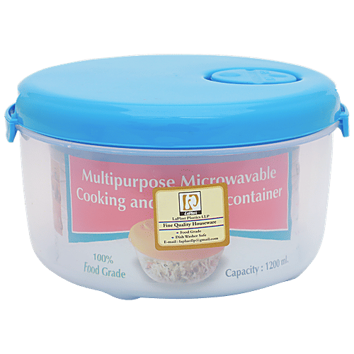 Laplast Cook & Store Storage Container - With Blue Lid, Transparent, Plastic, Plain, Round, 1.2 L (Set of 3)