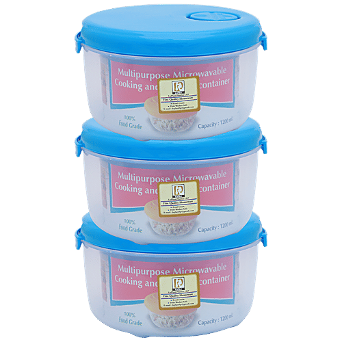 Laplast Cook & Store Storage Container - With Blue Lid, Transparent, Plastic, Plain, Round, 1.2 L (Set of 3)