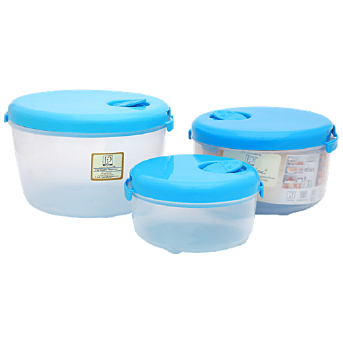 Laplast Cook & Store Storage Container - Blue Lid, Transparent, Plastic, Plain, Round, 3 pcs (1.8 L, 1.2 L, 600 ml)