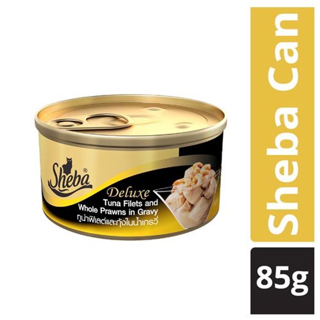 SHEBA Deluxe Pet Food - For Cats, Tuna Filets & Whole Prawns in Gravy, 85 g Can