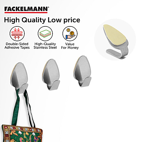 Fackelmann Stainless Steel Wall Adhesive Hooks - With Double Sided Tapes, Silver, 3 pcs  Anti-Rust, Durable, Moisture Resistant