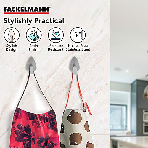 Fackelmann Stainless Steel Wall Adhesive Hooks - With Double Sided Tapes, Silver, 3 pcs  Anti-Rust, Durable, Moisture Resistant