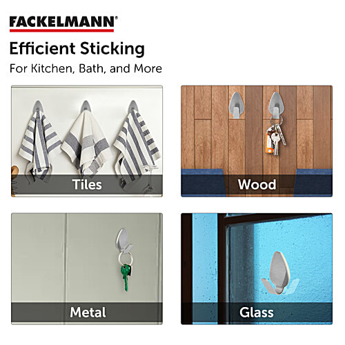 Fackelmann Stainless Steel Wall Adhesive Hooks - With Double Sided Tapes, Silver, 3 pcs  Anti-Rust, Durable, Moisture Resistant