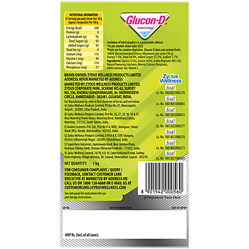 Glucon-D Instant Energy Glucose Powder - Nimbu Pani, 1 kg Refill Pack 