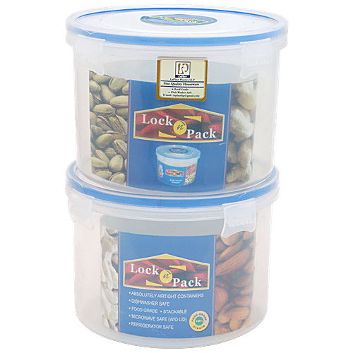 Laplast Lock-N-Pack Airtight Storage Container - Transparent, Plastic, Plain, Round, 600 ml (Pack of 2) 100% Food Grade