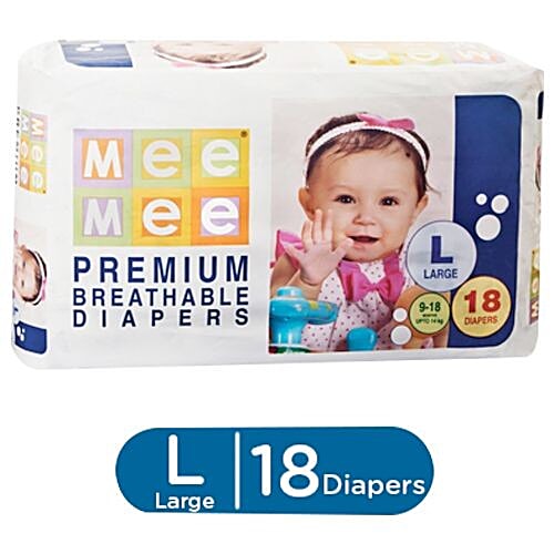 Mee Mee Premium Breathable Diapers - Large, 9-18 kg, Leak-Proof Technology, Wetness Indicator, 18 pcs Pouch