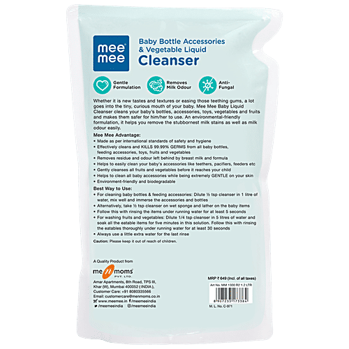 Mee Mee Baby Accessories & Vegetable Liquid Cleanser, 1.2 L Pouch Kills 99.9% Germs