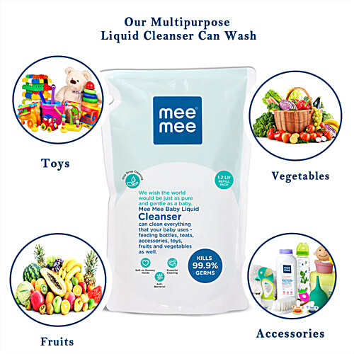 Mee Mee Baby Accessories & Vegetable Liquid Cleanser, 1.2 L Pouch Kills 99.9% Germs