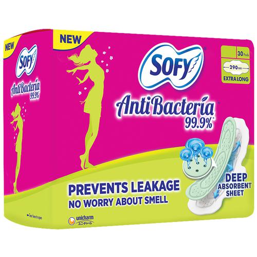 Sofy Anti-Bacteria Sanitary Pad - Extra-Long, Prevents Leakage, Slim, 28 pcs Pouch Prevents Leakage, Deep Absorbent Sheet