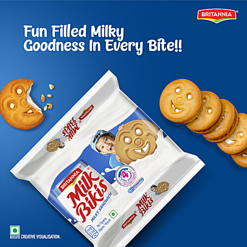 Britannia Milk Bikis Milky Sandwich Biscuits, 200 g  4 Vital Vitamins, Zero Trans Fat