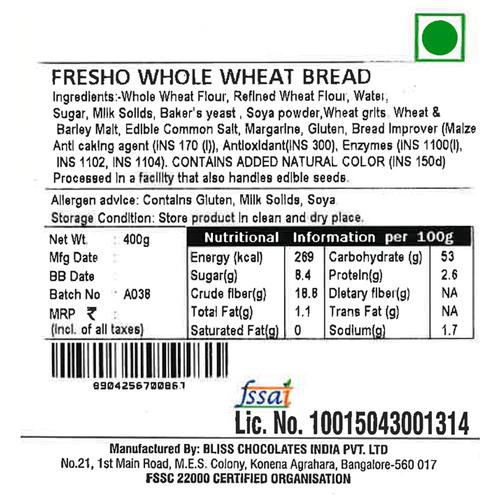 Fresho Whole Wheat Bread - Safe, Preservative Free, 400 g  