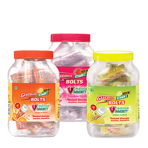 Glucovita Bolts Energy Tablets - Orange, Rich In Vitamin C, Boosts Immunity, 20 pcs Bottle Instant Energy Anytime, Anywhere