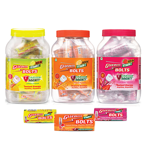 Glucovita Bolts Energy Tablets - Orange, Rich In Vitamin C, Boosts Immunity, 20 pcs Bottle Instant Energy Anytime, Anywhere