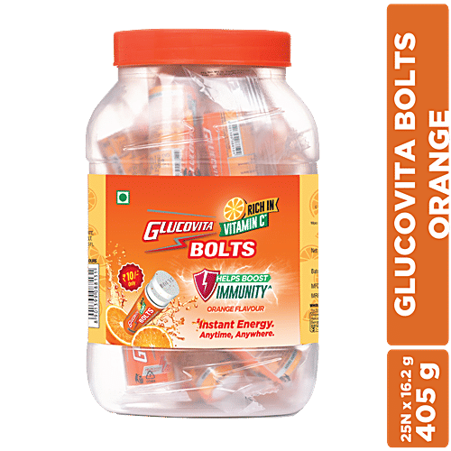 Glucovita Bolts Energy Tablets - Orange, Rich In Vitamin C, Boosts Immunity, 20 pcs Bottle Instant Energy Anytime, Anywhere