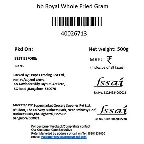 bb Royal Whole Fried Gram/Huri Kadale, 500 g Pouch 