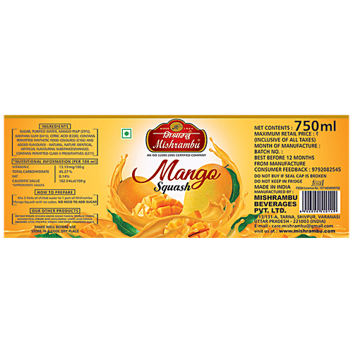 Mishrambu Squash - Mango, 750 ml Bottle 