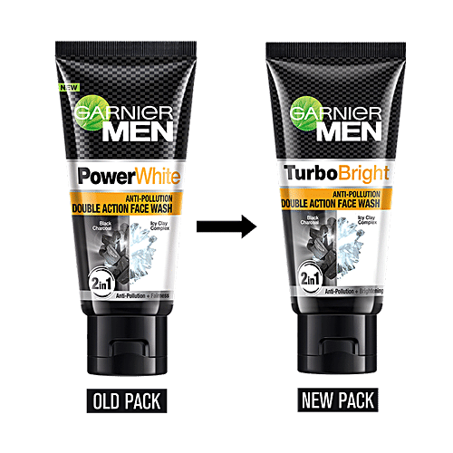 Garnier Men Turbo Bright Anti-Pollution Double Action Face Wash - Cleans Skin Deeply, 50 g  Pollution Gone, Fairness On