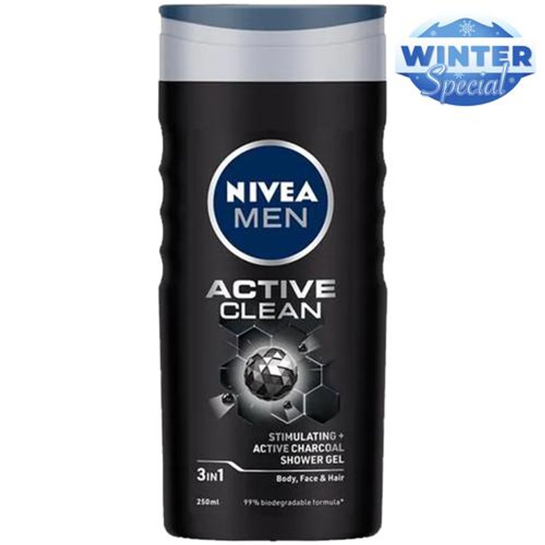 NIVEA Active Clean Shower Gel - With Active Charcoal, For Body, Face & Hair, 250 ml 