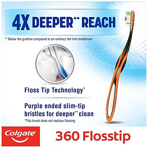 Colgate Toothbrush - 360 Degree Flosstip, Soft Bristles, 1 pc Purple Ended Tapered Bristles