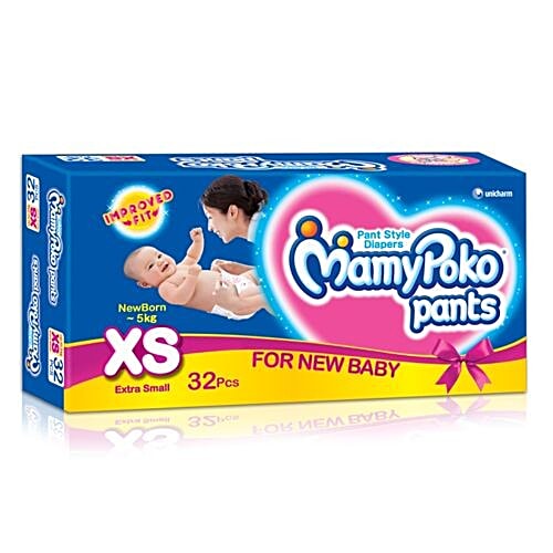 Mamypoko Xtra Small (Up to 5 kg) - 32 Diaper Pants, 32 pcs Pouch 