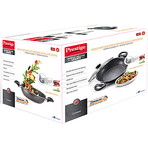Prestige Omega Deluxe Granite Non-stick 24cm Kadai With Glass Lid - Black, 2.4 L  PFOA Free