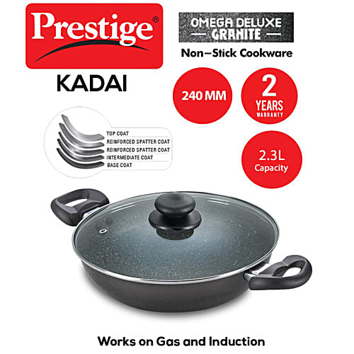 Prestige Omega Deluxe Granite Non-stick 24cm Kadai With Glass Lid - Black, 2.4 L  PFOA Free