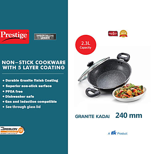 Prestige Omega Deluxe Granite Non-stick 24cm Kadai With Glass Lid - Black, 2.4 L  PFOA Free